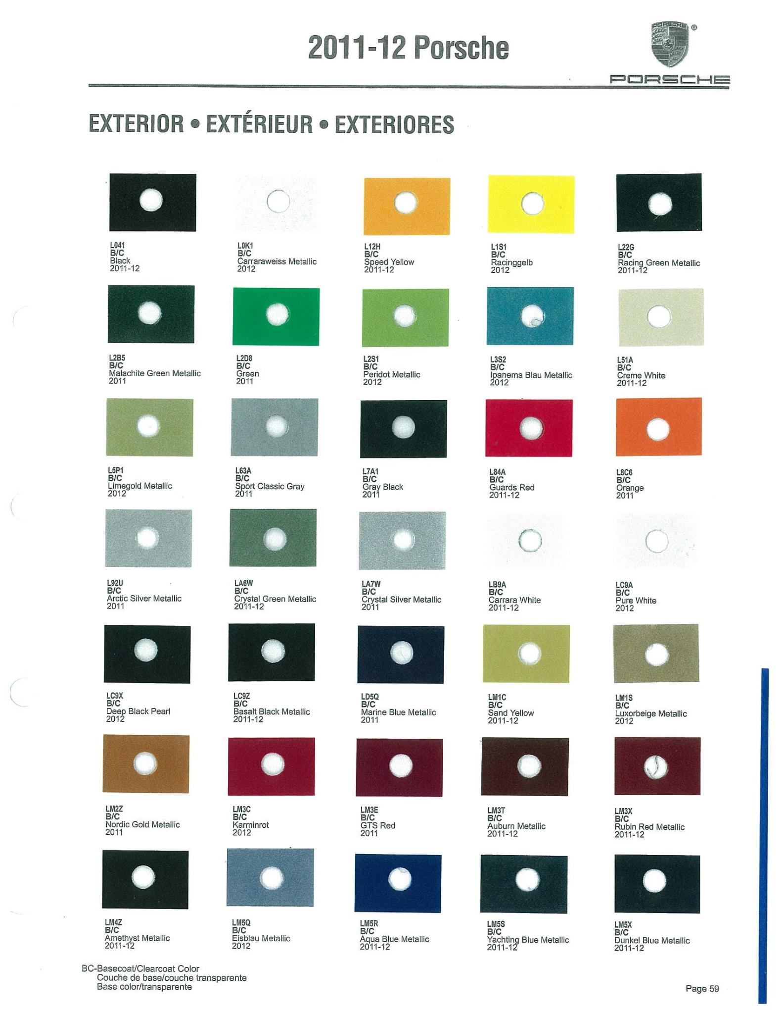 Color Codes for Porshe Vehicles used in 2011 and 2012 Porsche Exterior Paint Codes and Color Chart