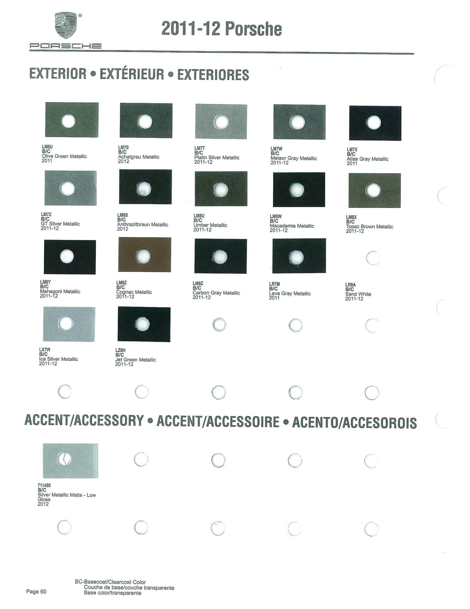 Color Codes for Porshe Vehicles used in 2011 and 2012 Porsche Exterior Paint Codes and Color Chart