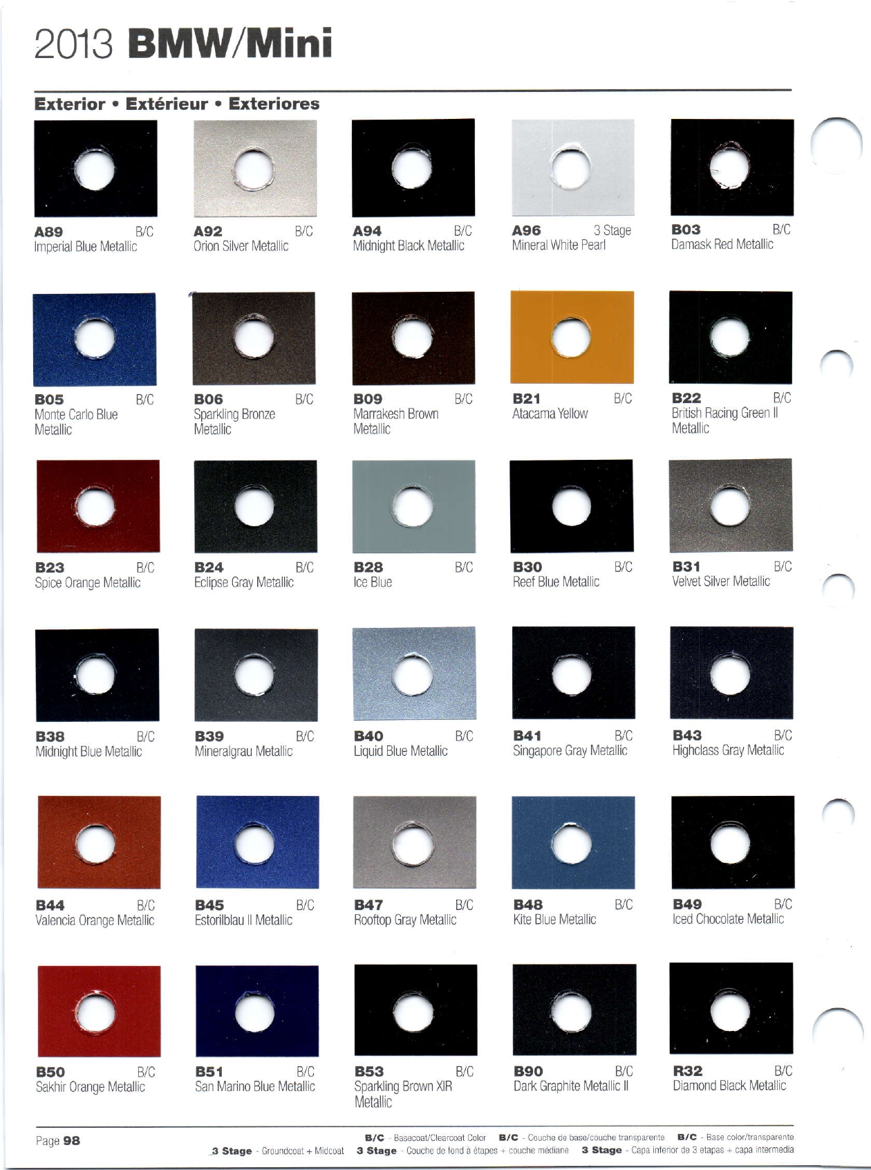 exterior paint colors and their ordering codes for the BMW and mini models
