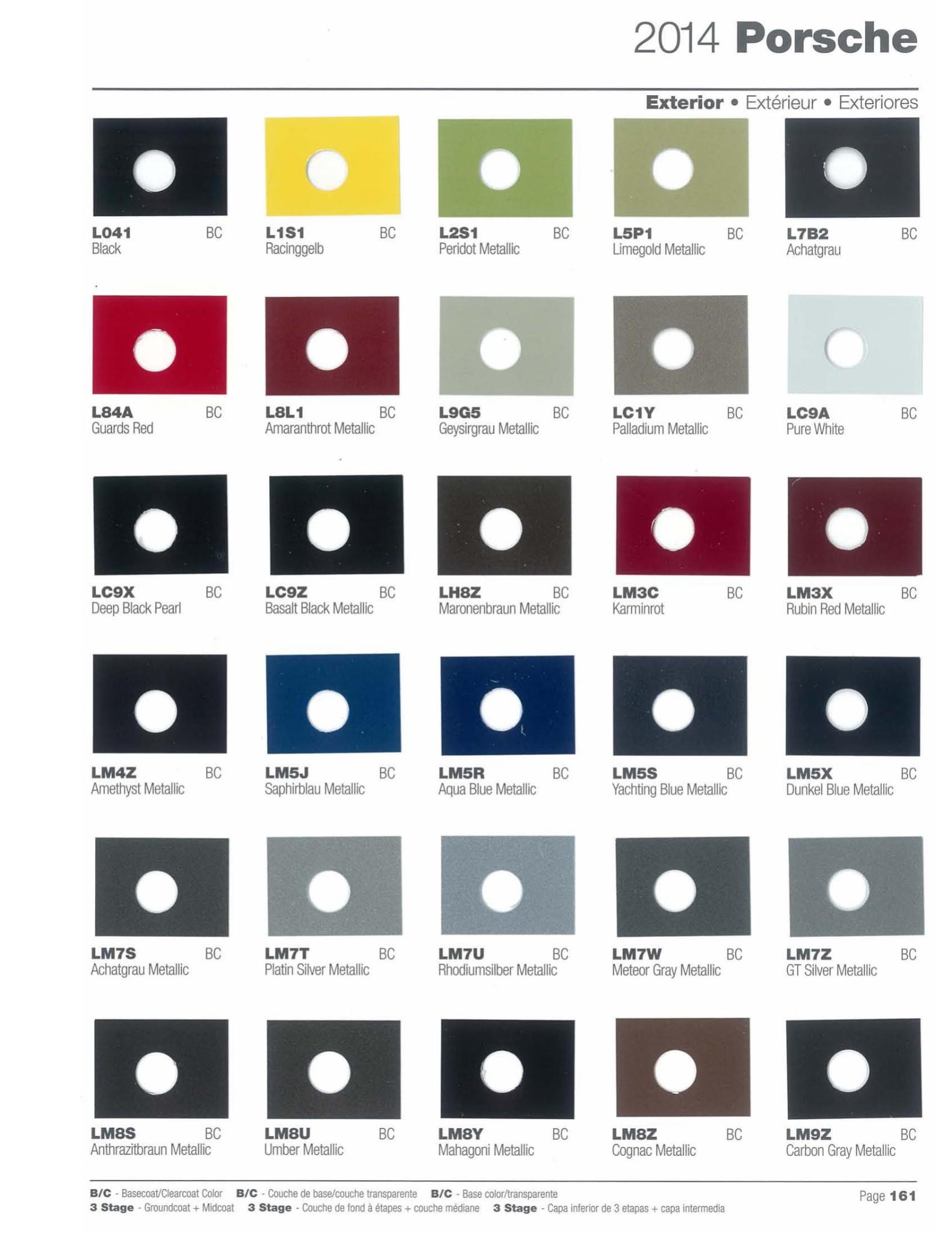Color Codes for Porshe Vehicles used in 2014 Porsche Exterior Paint Codes and Color Chart