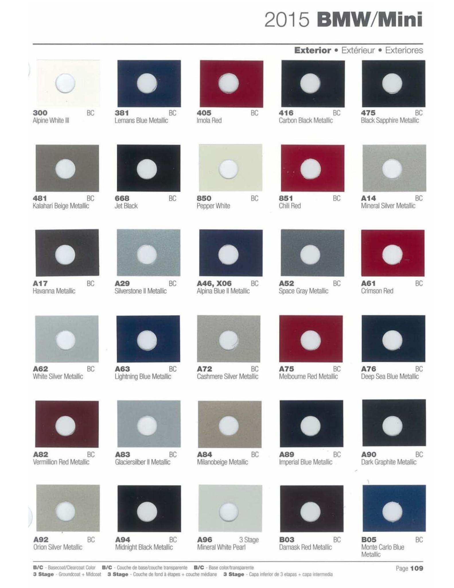 exterior paint colors and their ordering codes for the BMW and mini models