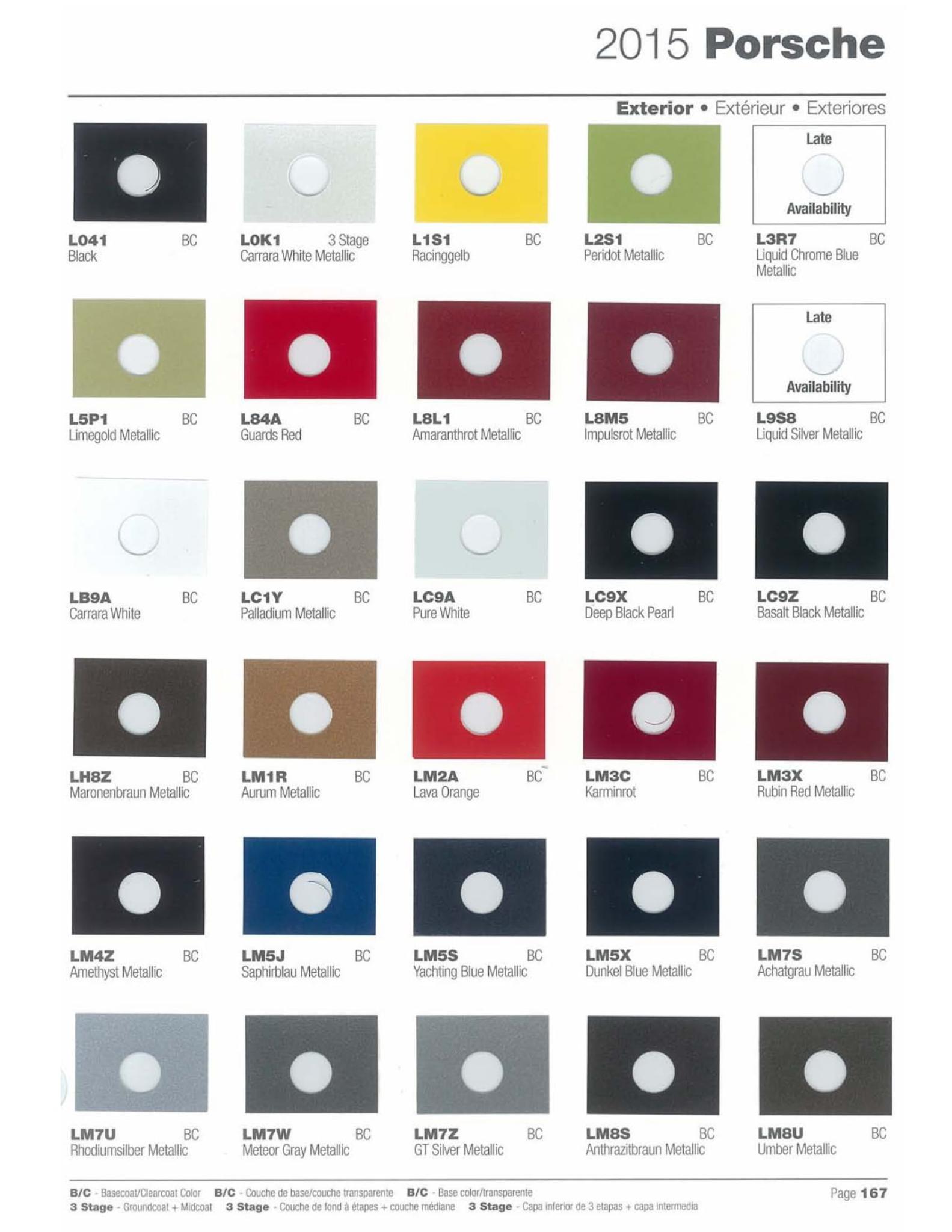Color Codes for Porshe Vehicles used in 2015 Porsche Exterior Paint Codes and Color Chart